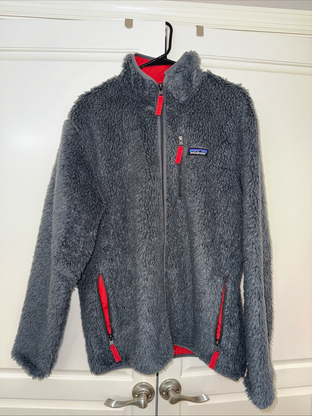 Patagonia Deep Pile Gray Fleece Jacket with Red Trim